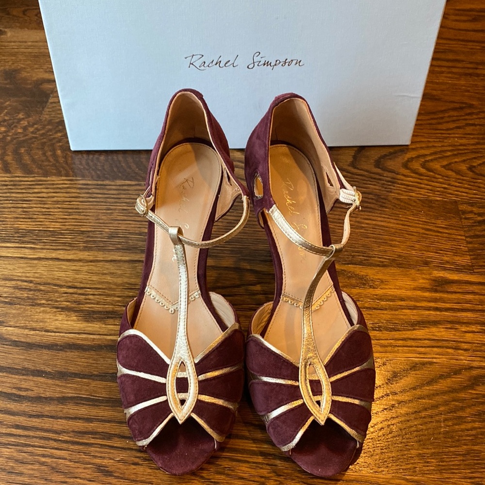 Rachel Simpson Art Deco Suede T-strap Heels